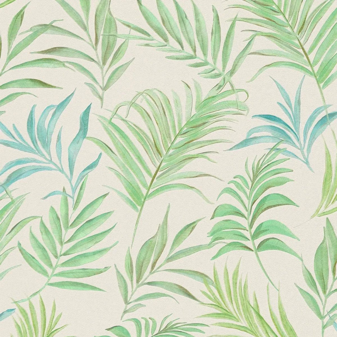 Non-woven wallpaper with delicate tropical motif| green, white | slightly glossy leaves - 3011054