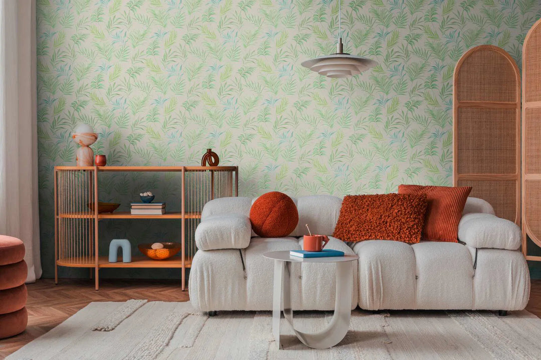 Non-woven wallpaper with delicate tropical motif| green, white | slightly glossy leaves - 3011054