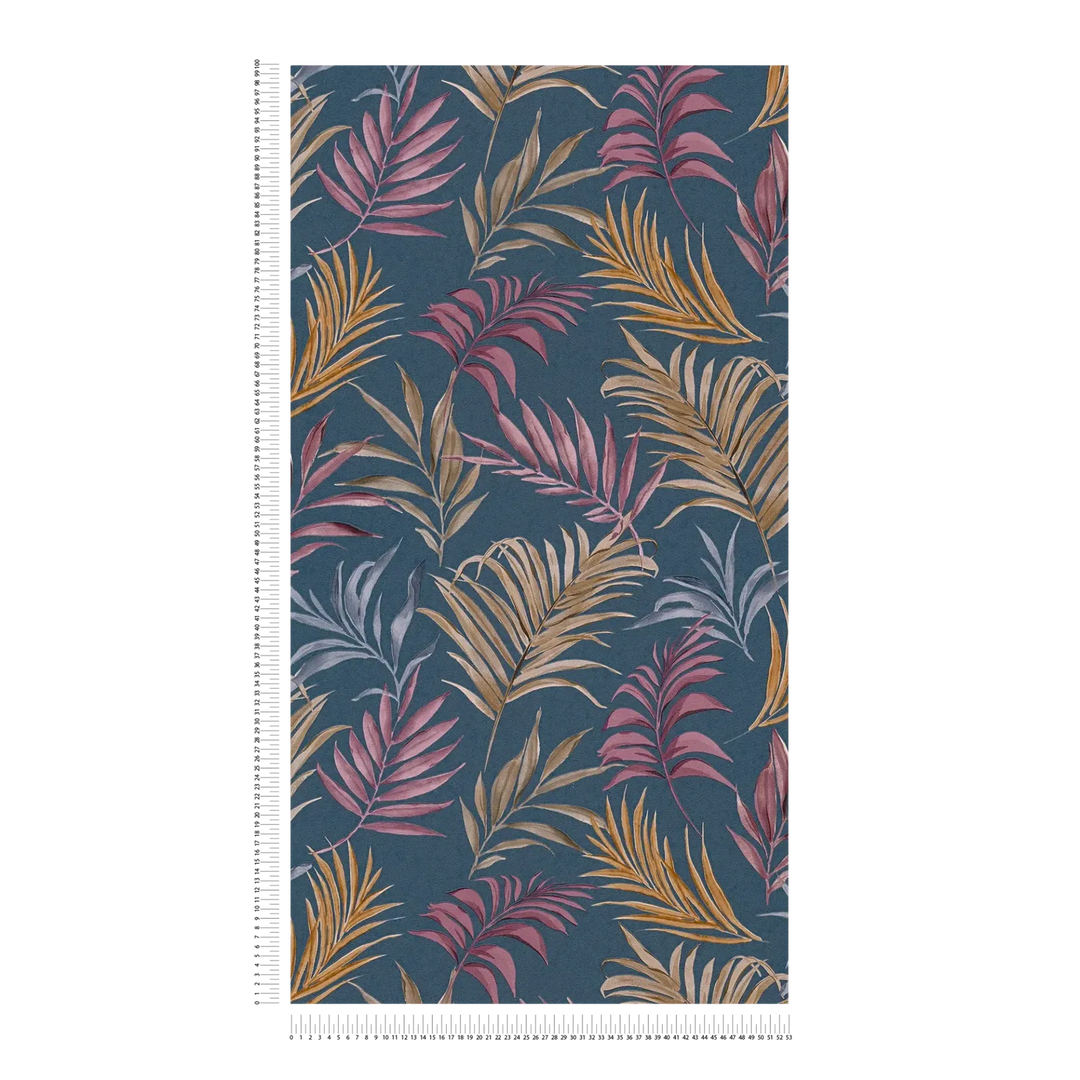 Tumesinisel taustaplaadil õrna troopilise motiiviga mittekootud tapeet | kergelt läikivad lehed - 3011055