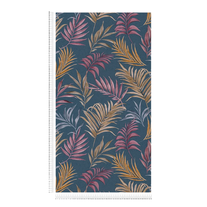 Tumesinisel taustaplaadil õrna troopilise motiiviga mittekootud tapeet | kergelt läikivad lehed - 3011055