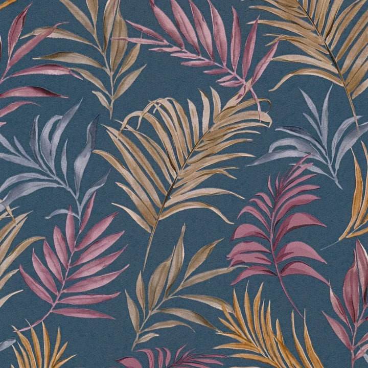 Tumesinisel taustaplaadil õrna troopilise motiiviga mittekootud tapeet | kergelt läikivad lehed - 3011055