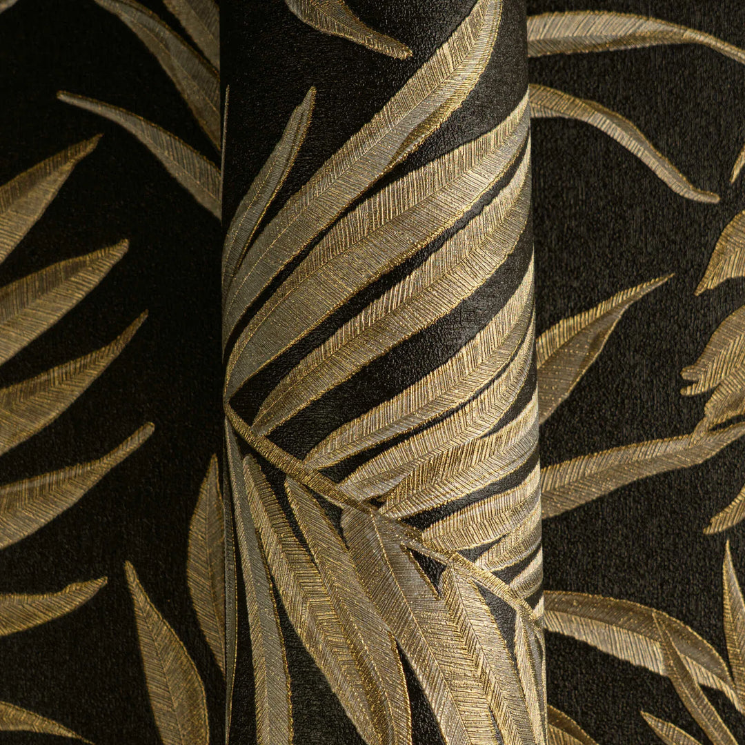 Non-woven wallpaper with delicate tropical motif | black, gold - 3011056