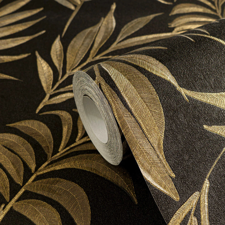 Non-woven wallpaper with delicate tropical motif | black, gold - 3011056