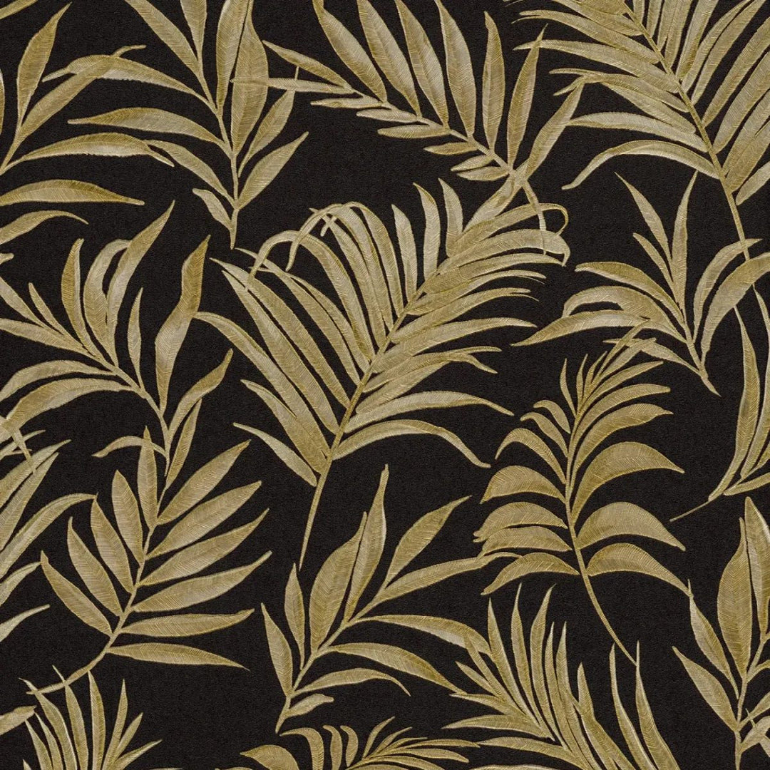 Non-woven wallpaper with delicate tropical motif | black, gold - 3011056