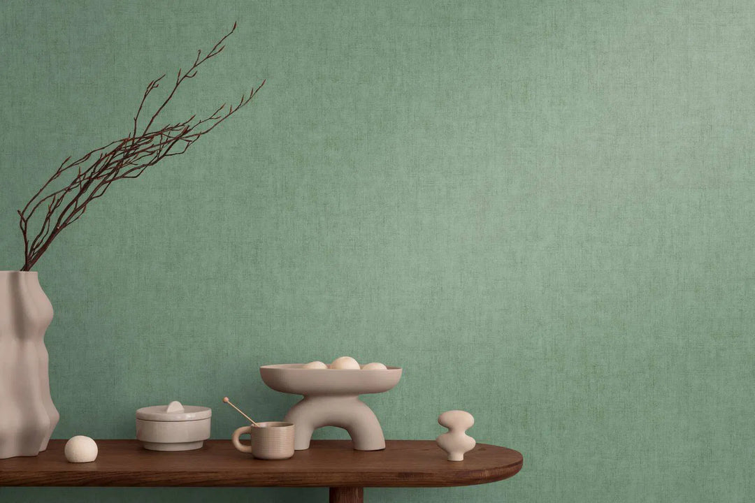 Non-woven wallpaper with a minimalist textile look| in dark green - 3011075