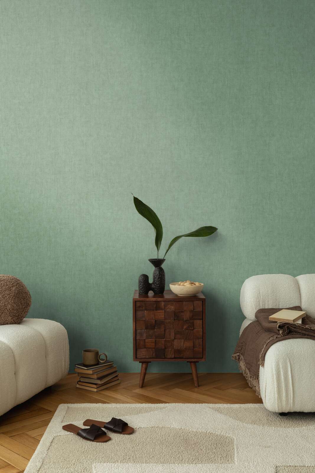 Non-woven wallpaper with a minimalist textile look| in dark green - 3011075