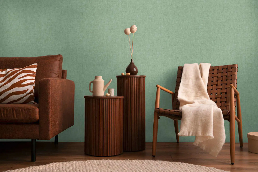 Non-woven wallpaper with a minimalist textile look| in dark green - 3011075