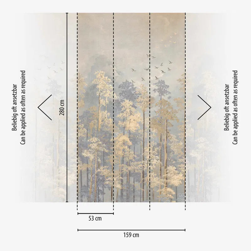 Koristeellinen tapetti kultaisia kukkia ja lehtiä rauhallisella taustalla | beige, harmaa - 3011627