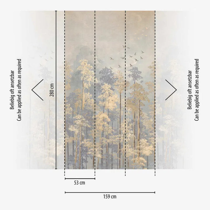Koristeellinen tapetti kultaisia kukkia ja lehtiä rauhallisella taustalla | beige, harmaa - 3011627