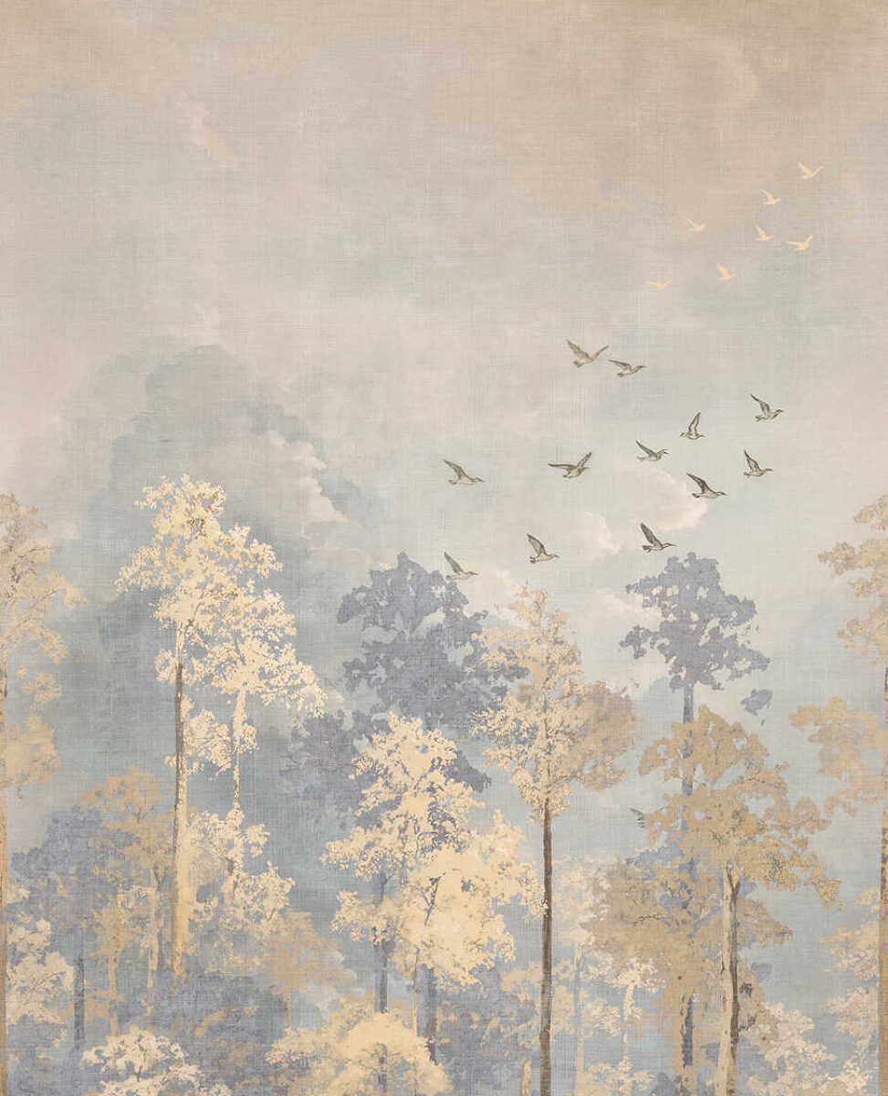 Koristeellinen tapetti kultaisia kukkia ja lehtiä rauhallisella taustalla | beige, harmaa - 3011627