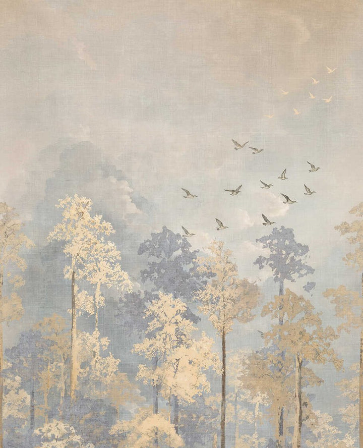 Koristeellinen tapetti kultaisia kukkia ja lehtiä rauhallisella taustalla | beige, harmaa - 3011627