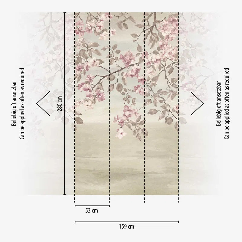 Koristeellinen tapetti kirsikankukalla | vaaleanpunainen, kerma - 3011630