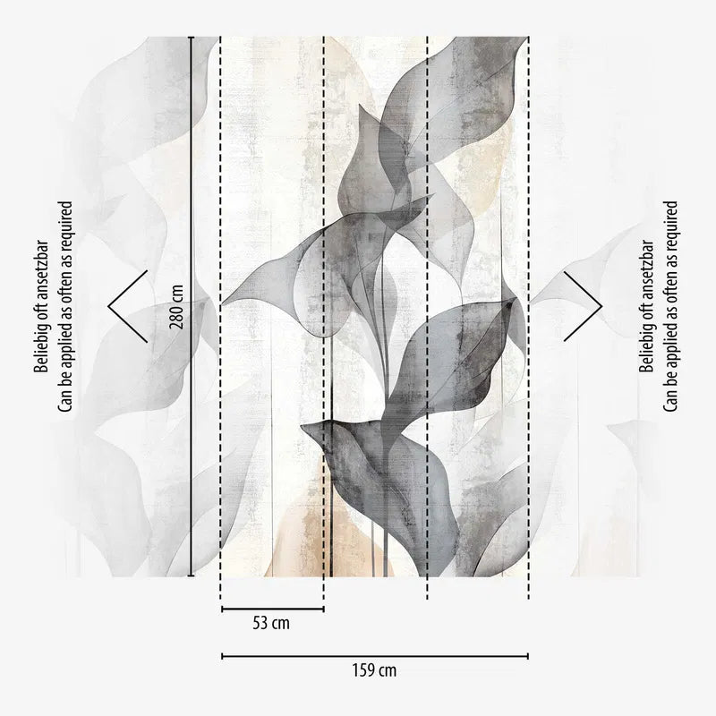 Koristeellinen tapetti läpinäkyvillä lehdillä pehmeän harmaan sävyissä - 3011631