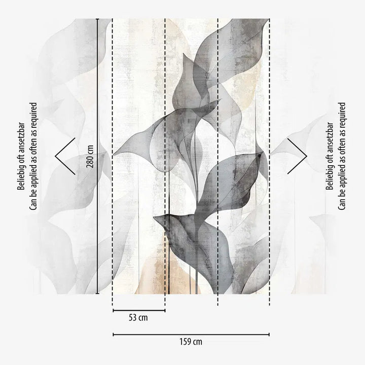 Koristeellinen tapetti läpinäkyvillä lehdillä pehmeän harmaan sävyissä - 3011631