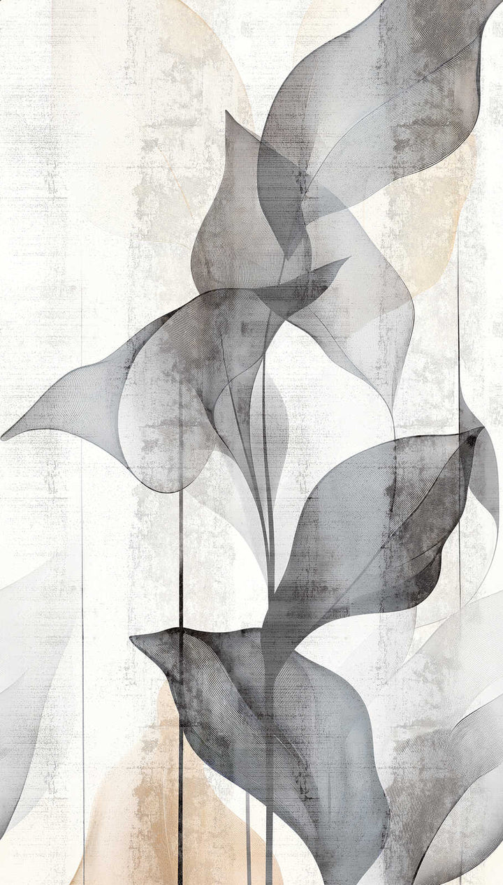 Koristeellinen tapetti läpinäkyvillä lehdillä pehmeän harmaan sävyissä - 3011631