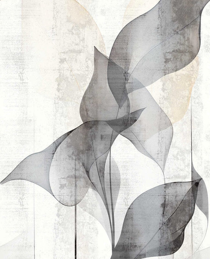 Koristeellinen tapetti läpinäkyvillä lehdillä pehmeän harmaan sävyissä - 3011631
