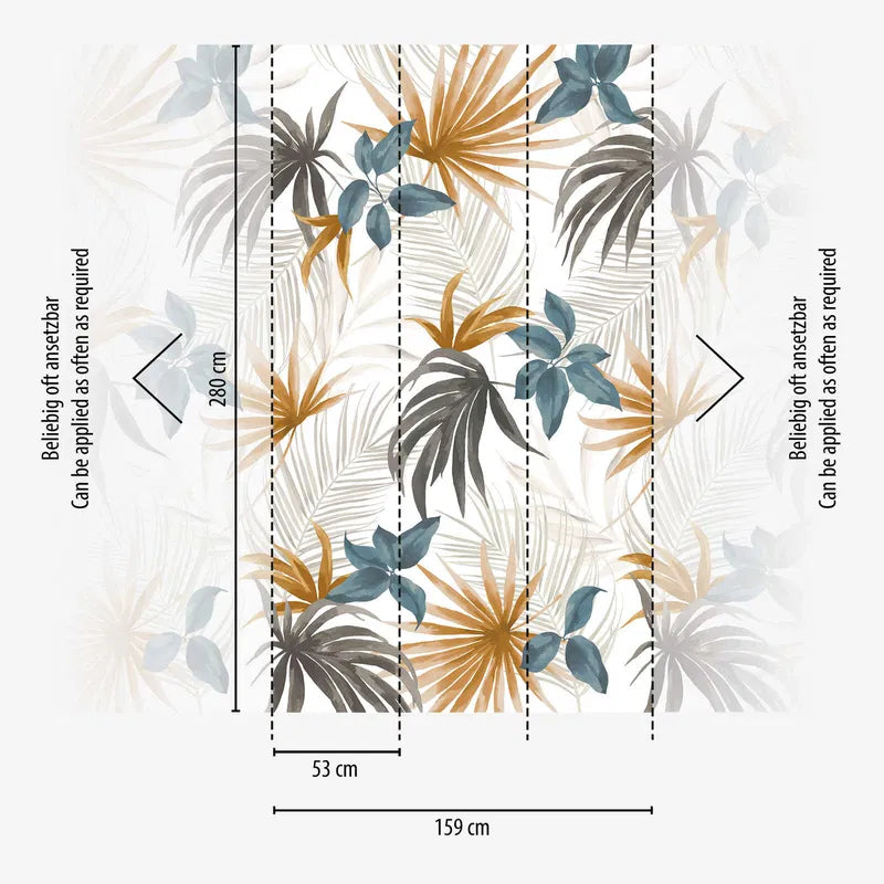 Koristeellinen tapetti, jossa on trooppisia kukkia ja lehtiä lämpimillä ja viileillä väreillä - 3011633