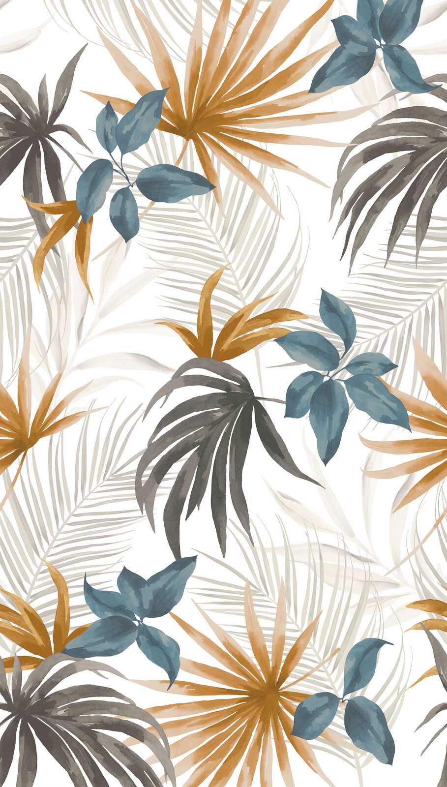 Koristeellinen tapetti, jossa on trooppisia kukkia ja lehtiä lämpimillä ja viileillä väreillä - 3011633