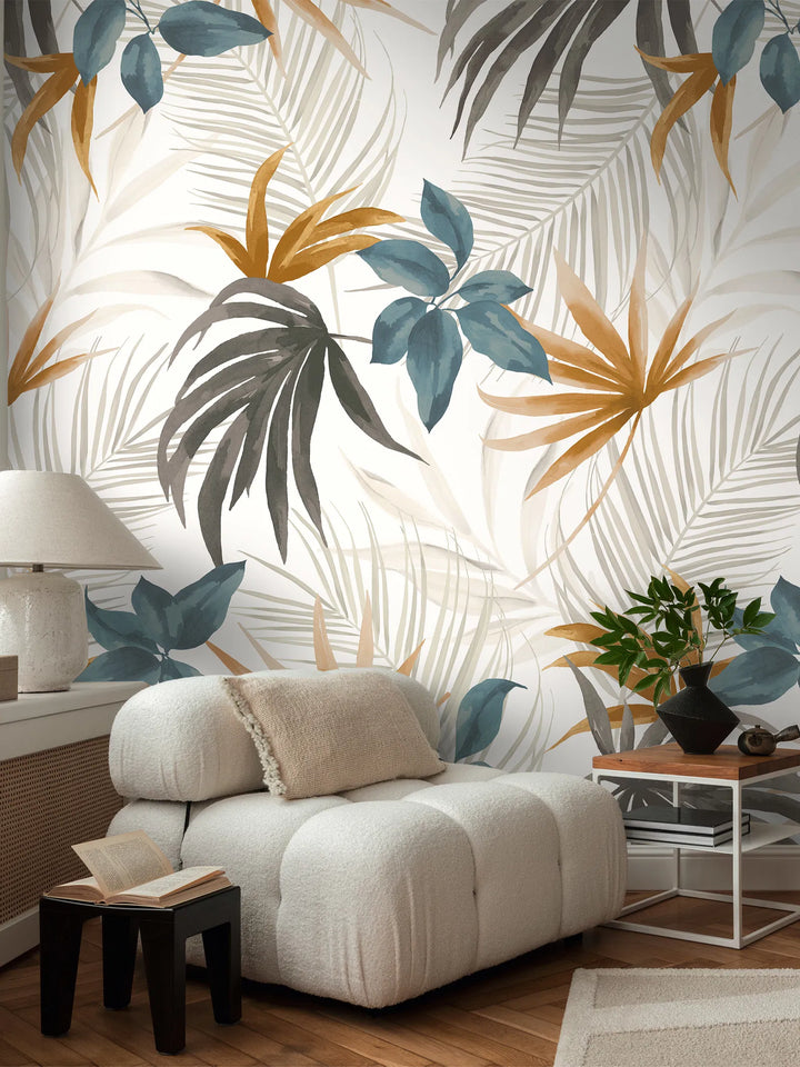 Koristeellinen tapetti, jossa on trooppisia kukkia ja lehtiä lämpimillä ja viileillä väreillä - 3011633