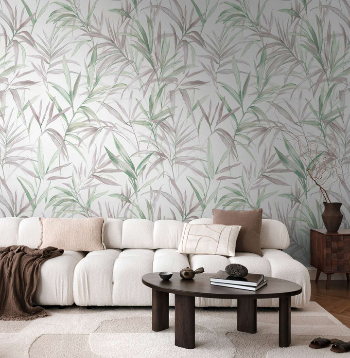 Koristetapetti, jossa on filigraanisia lehtien pyörteitä herkissä väreissä - 3011634