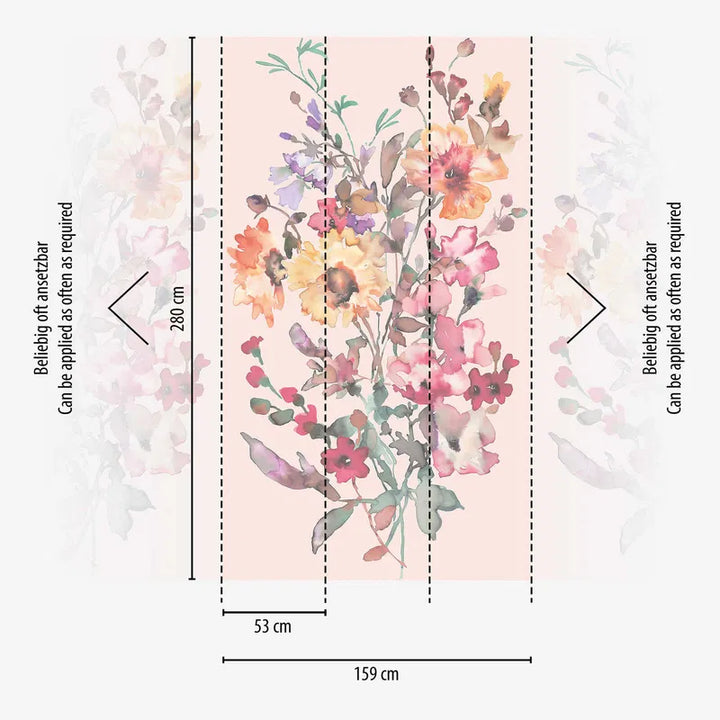 Koristeellinen tapetti, jossa on värikäs kukkakimppu hienostuneella taustalla | vaaleanpunaiset sävyt - 3011635