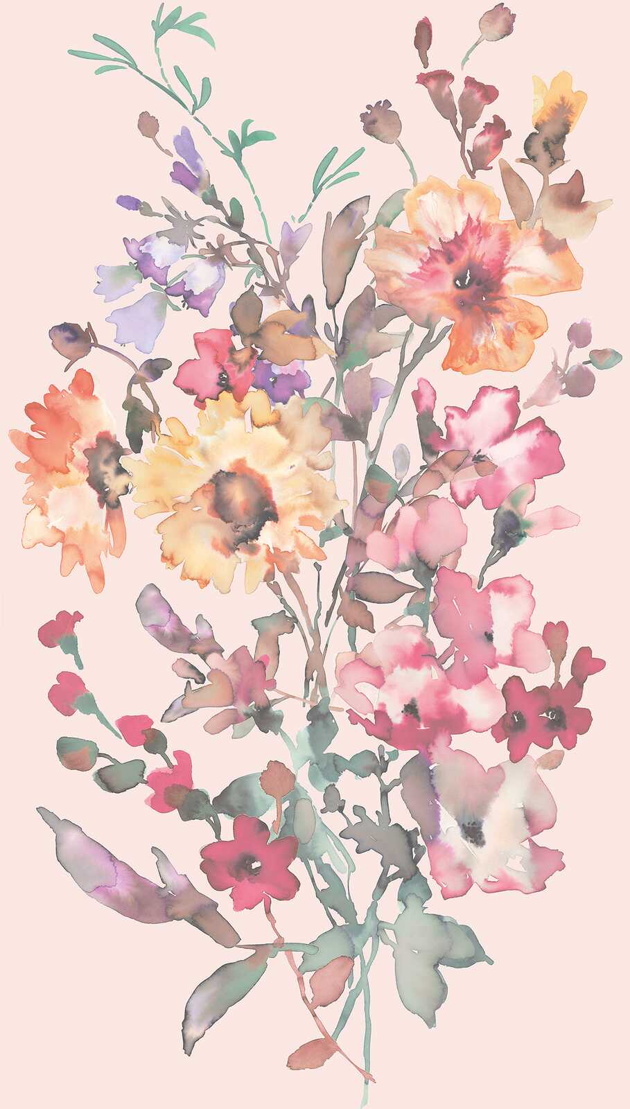 Koristeellinen tapetti, jossa on värikäs kukkakimppu hienostuneella taustalla | vaaleanpunaiset sävyt - 3011635