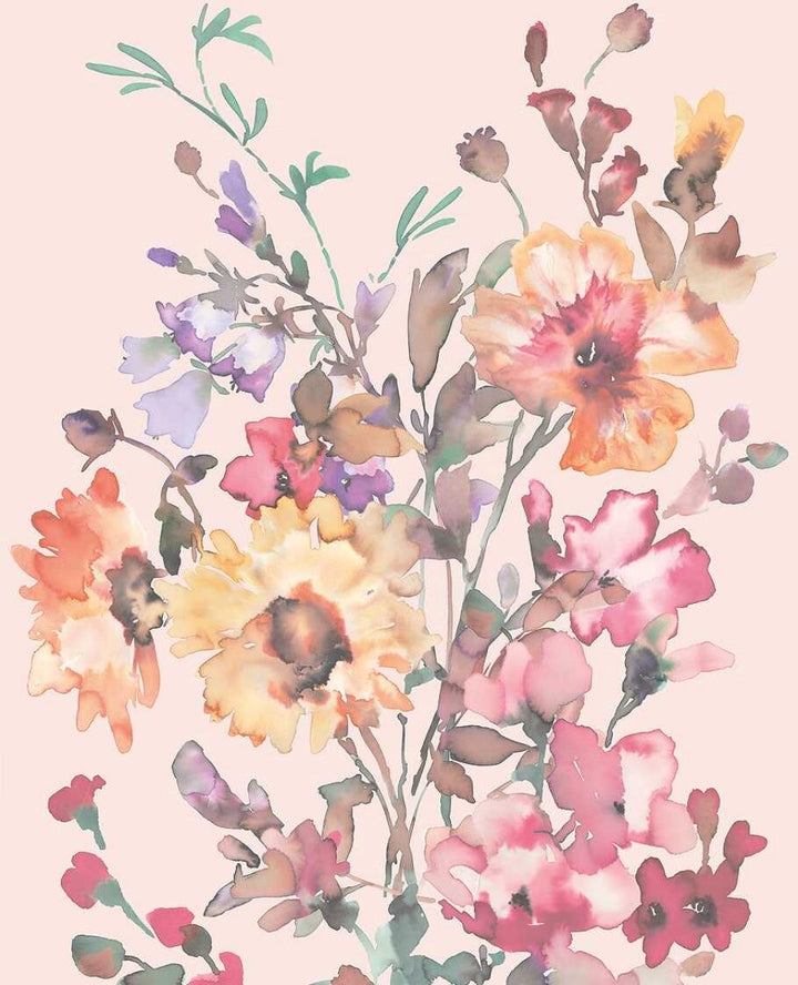 Koristeellinen tapetti, jossa on värikäs kukkakimppu hienostuneella taustalla | vaaleanpunaiset sävyt - 3011635