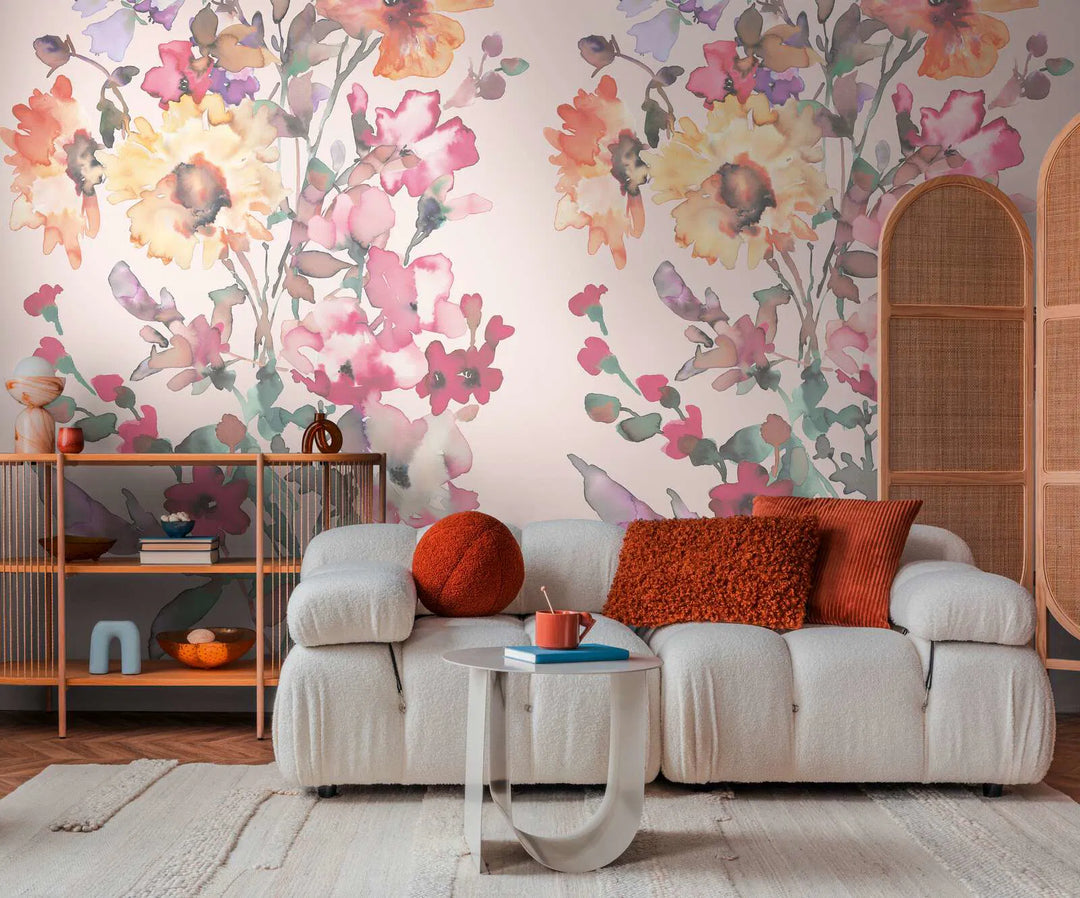 Koristeellinen tapetti, jossa on värikäs kukkakimppu hienostuneella taustalla | vaaleanpunaiset sävyt - 3011635