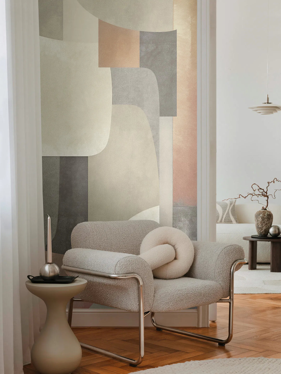 Koristeellinen tapetti, jossa geometriset muodot pehmeillä maan sävyillä - 3011636