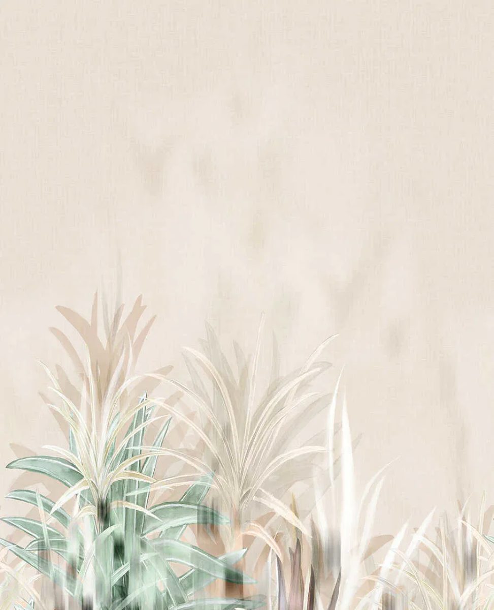 Koristeellinen tapetti, jossa on hienovaraisia niitty- ja ruohokuvioita vaalealla pohjalla - 3011643