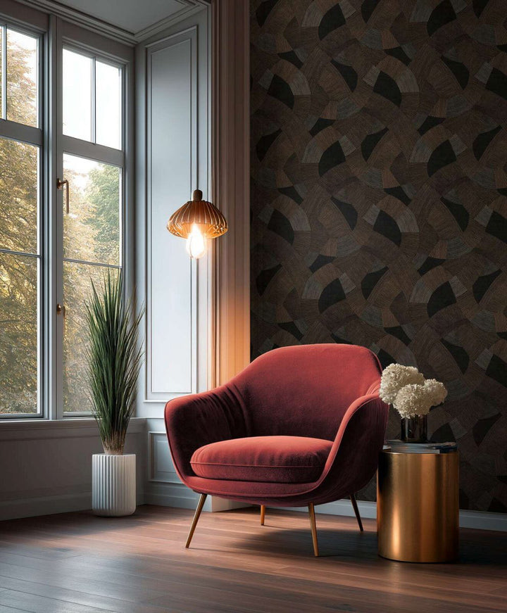 Neaustinės tapetai su stilizuotu geometriniu raštu ir ramiu tekstūros | juoda, ruda - 3012065