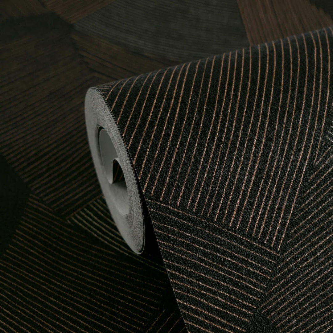 Neaustinės tapetai su stilizuotu geometriniu raštu ir ramiu tekstūros | juoda, ruda - 3012065