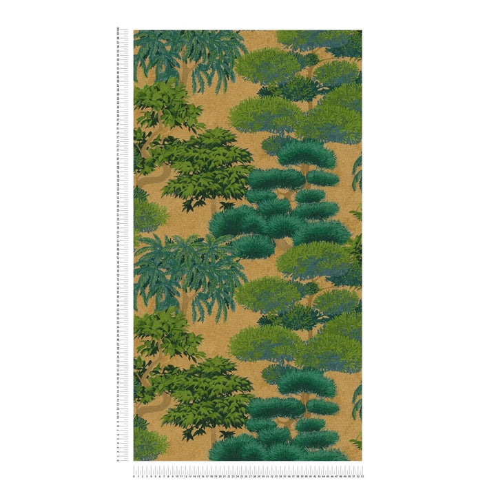 Tapeet eksootilise taimemotiiviga ja värvikate loodusmotiividega | läikiv | roheline, kuldne - 3012074