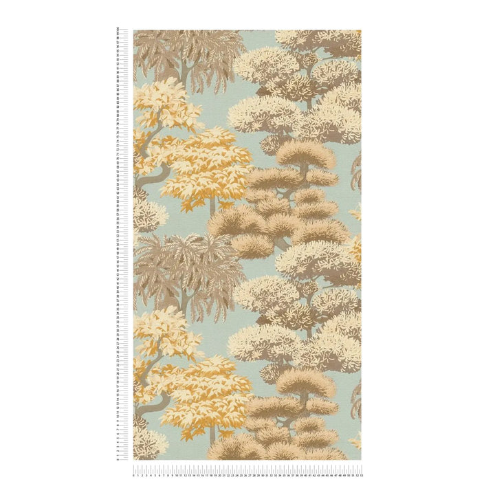 Botanical-style wallpaper with various tree patterns, slightly shiny | blue, beige, brown - 3012076