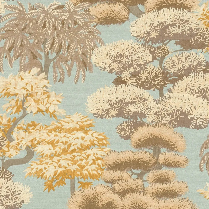 Botanical-style wallpaper with various tree patterns, slightly shiny | blue, beige, brown - 3012076