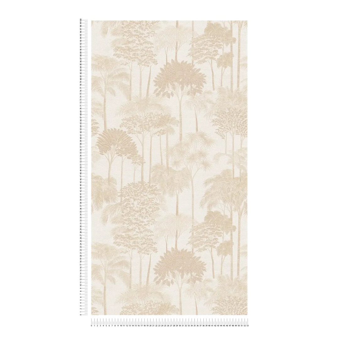 Neaustas tapetes ar izsmalcinātu palmu ilustrāciju un smalkiem kontūriem | krēmkrāsa - 3012105
