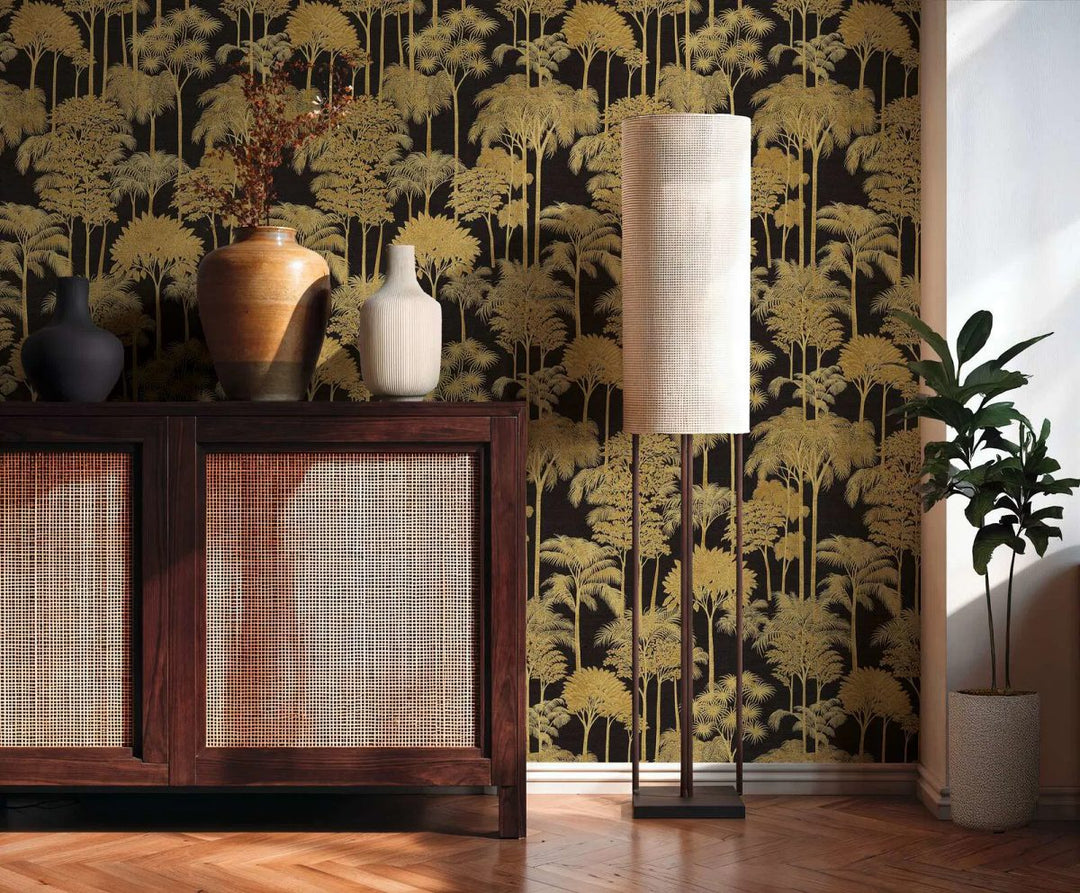 Neaustas tapetes ar mākslinieciski izstrādātu palmu fonu un intensīvu augu rakstu - 3012107