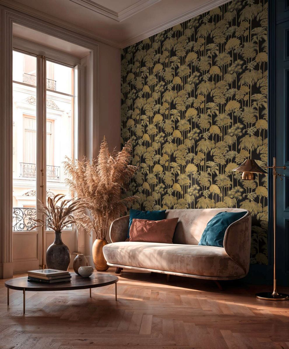 Neaustas tapetes ar mākslinieciski izstrādātu palmu fonu un intensīvu augu rakstu - 3012107