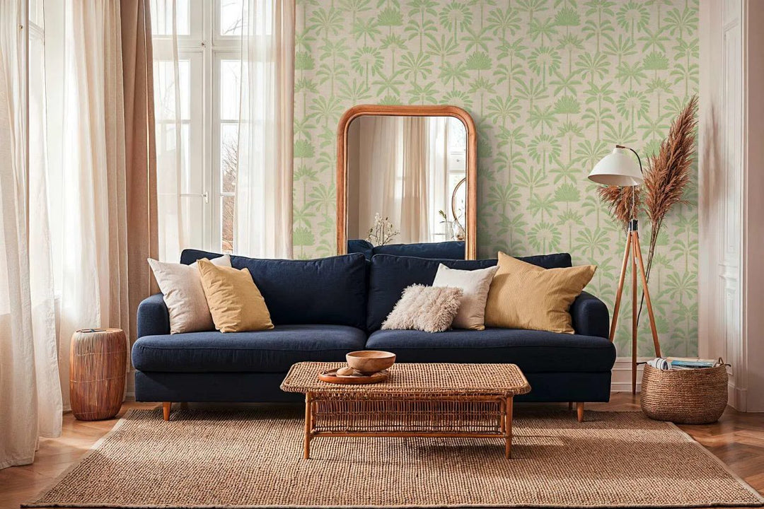 Tapetti, jossa on elegantti palmumotiivi ja hienovarainen tekstuuri | beige, vihreä - 3012120