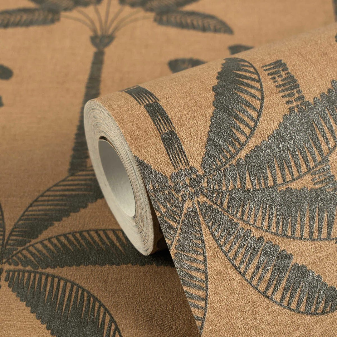 Tapetai su palmių motyvu, išraiškingais lapais, šiek tiek blizgūs | smėlio spalvos, oranžiniai - 3012121