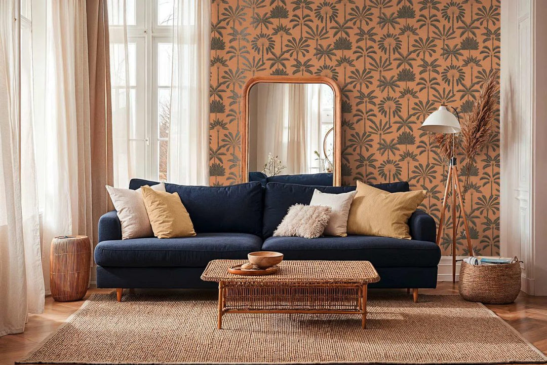 Tapetai su palmių motyvu, išraiškingais lapais, šiek tiek blizgūs | smėlio spalvos, oranžiniai - 3012121