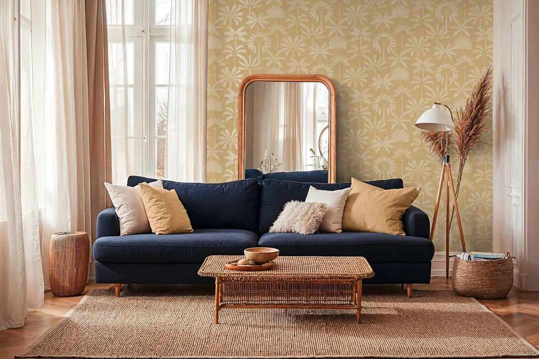 Taustapilt loodusmotiiviga ja elegantse, kergelt läikiva palmireljeefiga | beež - 3012122