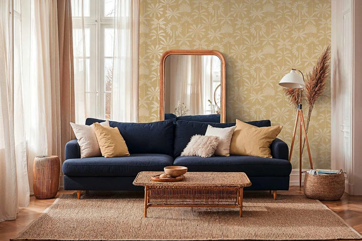 Taustapilt loodusmotiiviga ja elegantse, kergelt läikiva palmireljeefiga | beež - 3012122