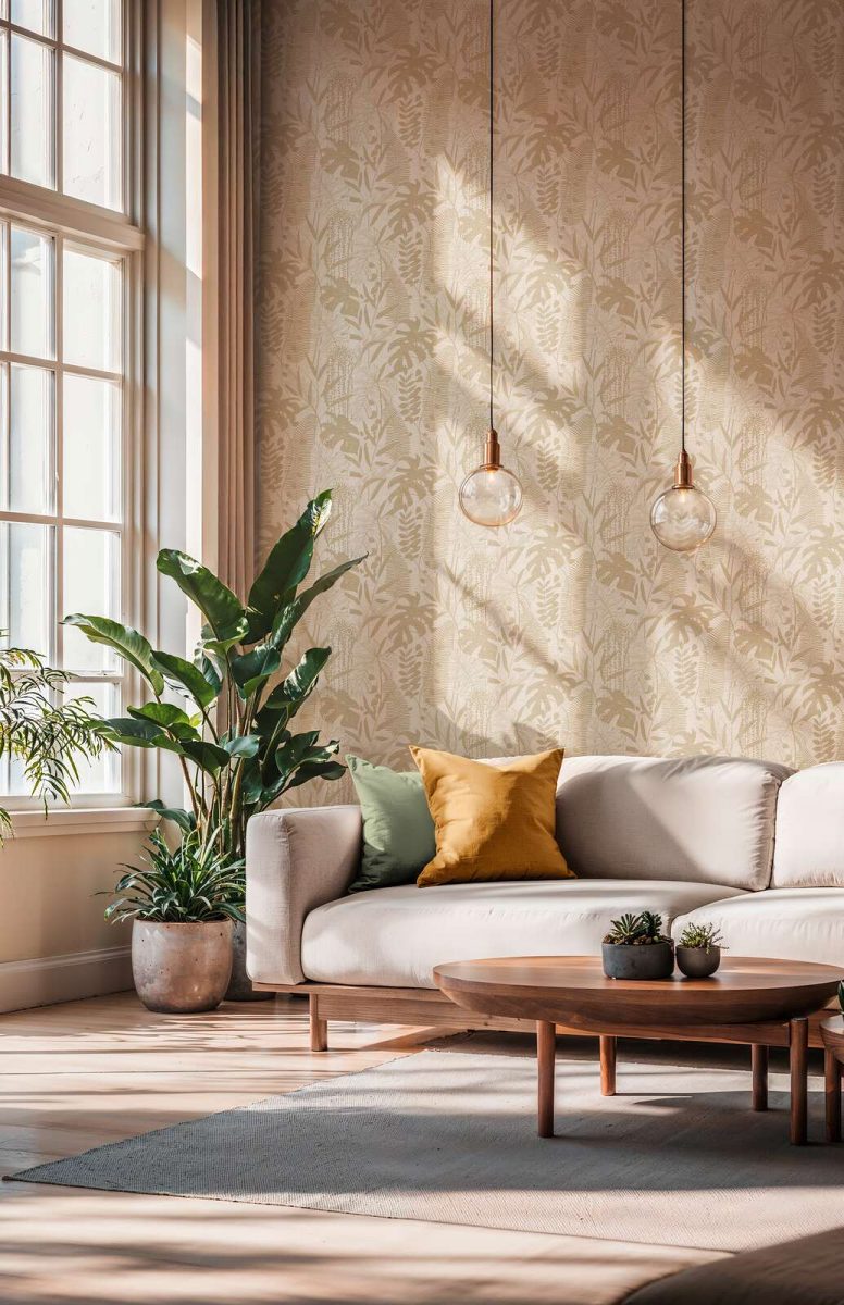 Tapetes botāniskā stilā ar viegli teksturētu lapu ornamentu | bēša - 3012131