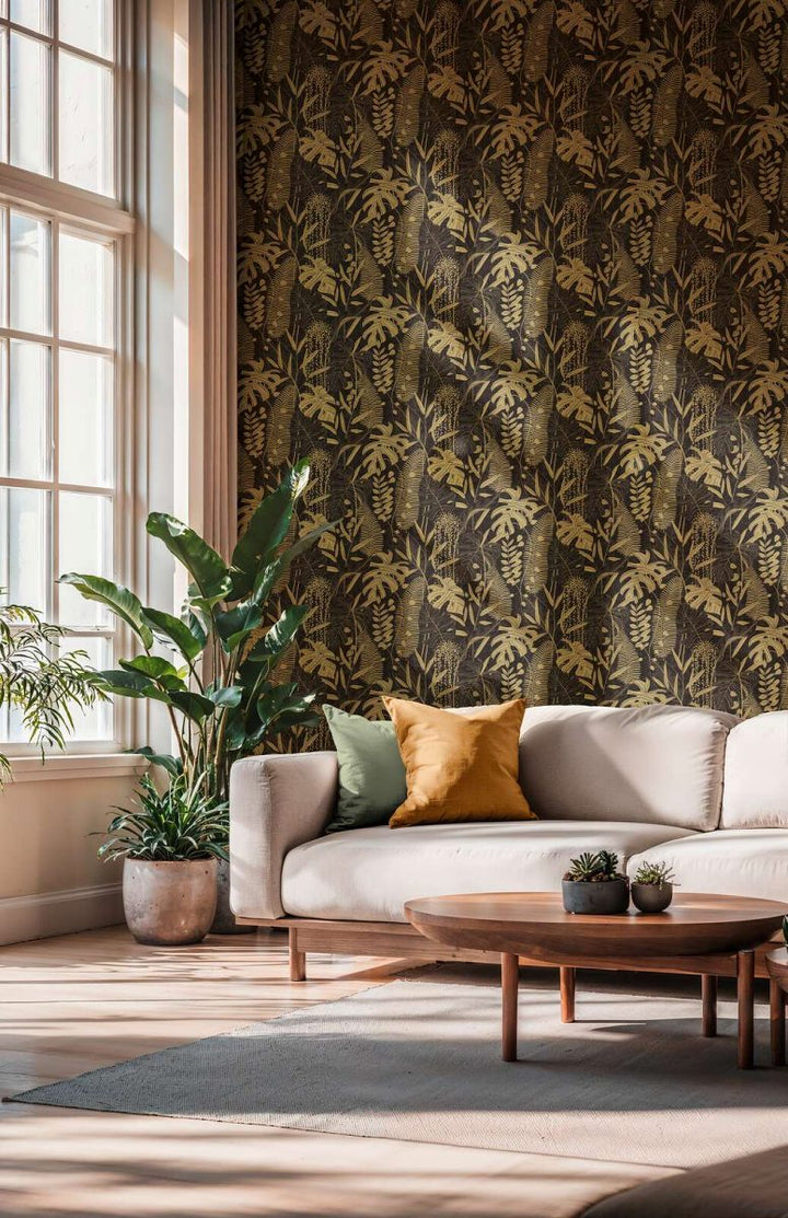 Wallpaper with beautifully depicted leaves | black, gold - 3012133
