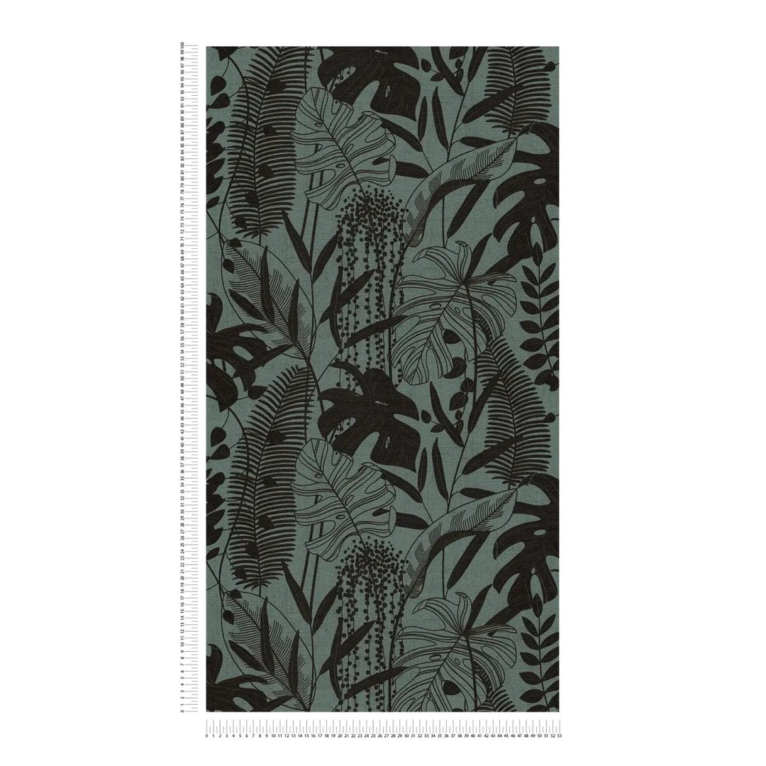 Wallpaper with colorful leaf decor and elegant relief, slightly shiny | dark green, black - 3012134