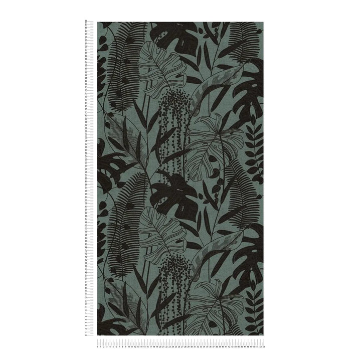 Wallpaper with colorful leaf decor and elegant relief, slightly shiny | dark green, black - 3012134