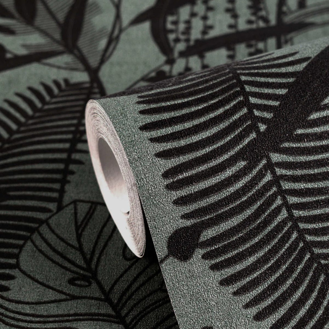 Wallpaper with colorful leaf decor and elegant relief, slightly shiny | dark green, black - 3012134