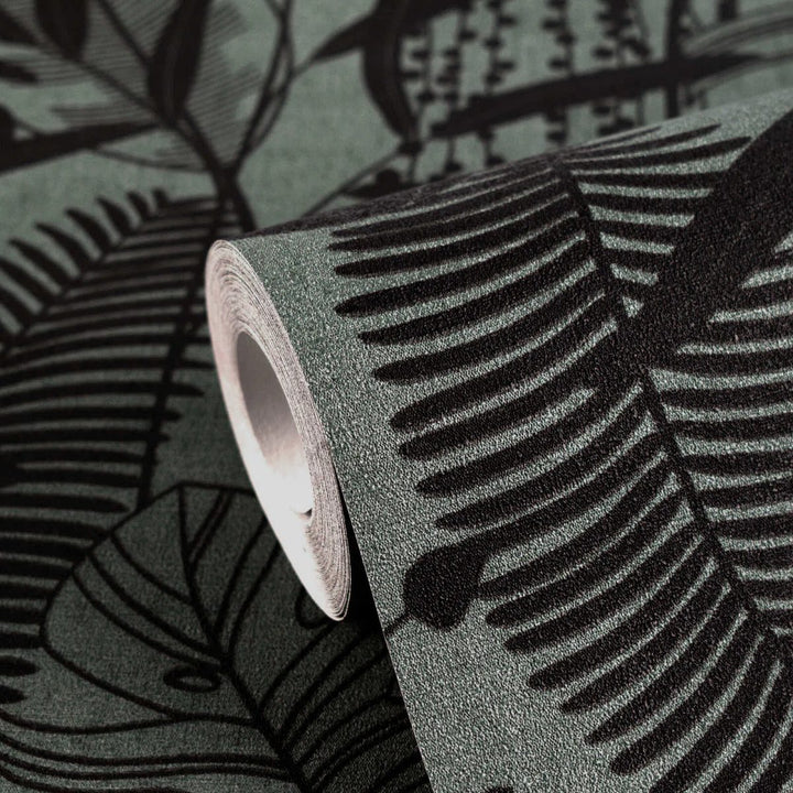 Wallpaper with colorful leaf decor and elegant relief, slightly shiny | dark green, black - 3012134