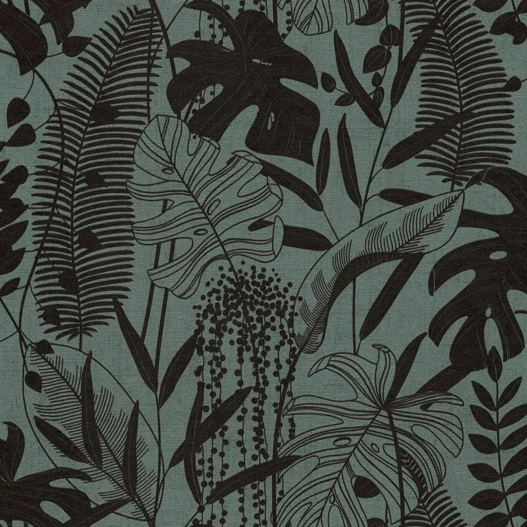 Wallpaper with colorful leaf decor and elegant relief, slightly shiny | dark green, black - 3012134